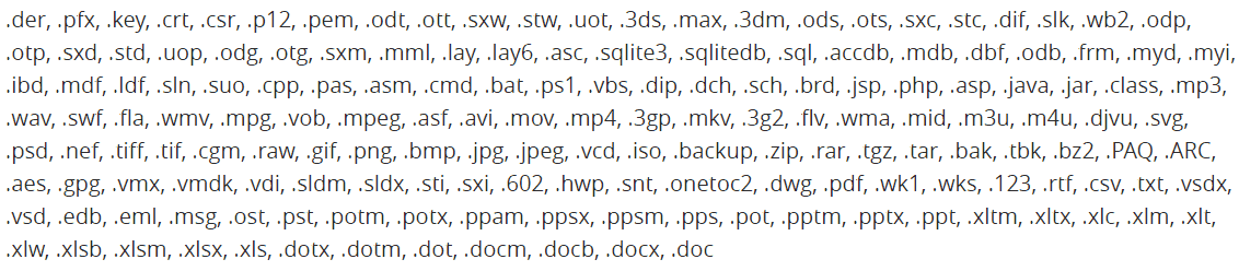 Extensions encrypted by Wannacry malware